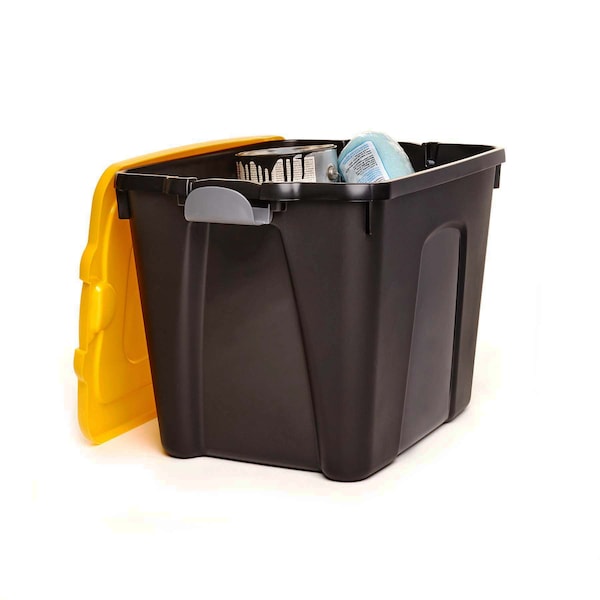 Storage Tote with Snap Lid, Black/Yellow/Gray, Polypropylene, 23 3/4 in L, 18 in W, 17 1/4 in H