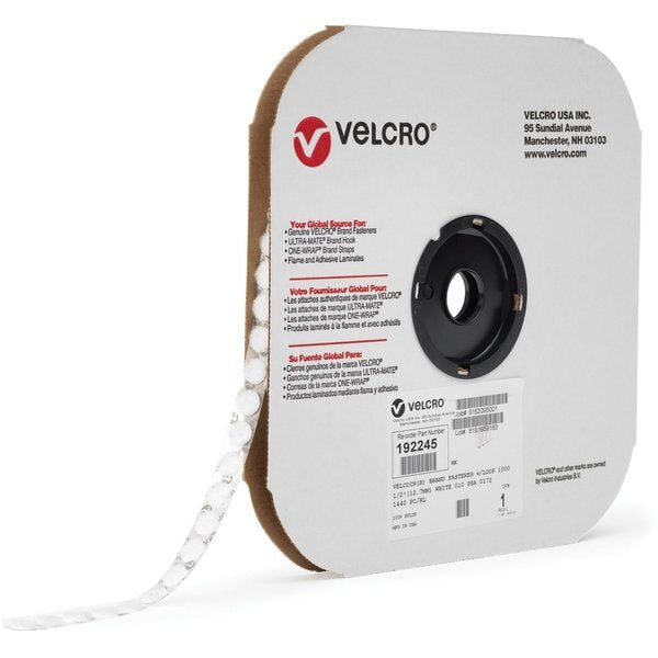 Reclosable Fastener, Disc, Acrylic Adhesive, 1/2 in, White, 1440 PK