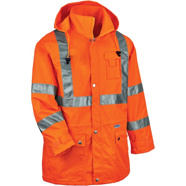 Rain Jacket w/Hood, Hi-Vis Orange, 2XL
