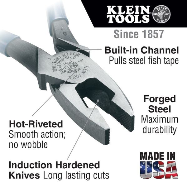 9 1/2 in Journeyman(TM) Linemans Plier High Leverage w/ Fish Tape Puller , Steel