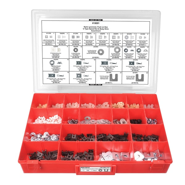 Grommet/Push Nut/U Nuts Assort Adj Red Tray W/Clr