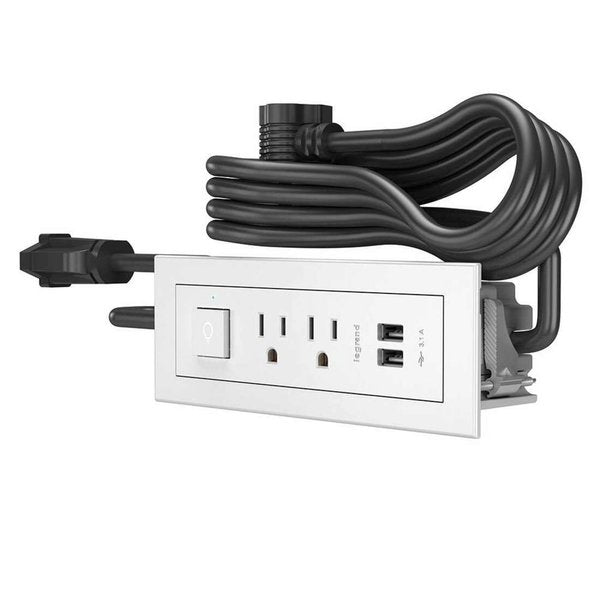 Power Unit, White, 2 Outlet, 2 USB, 1 Switch