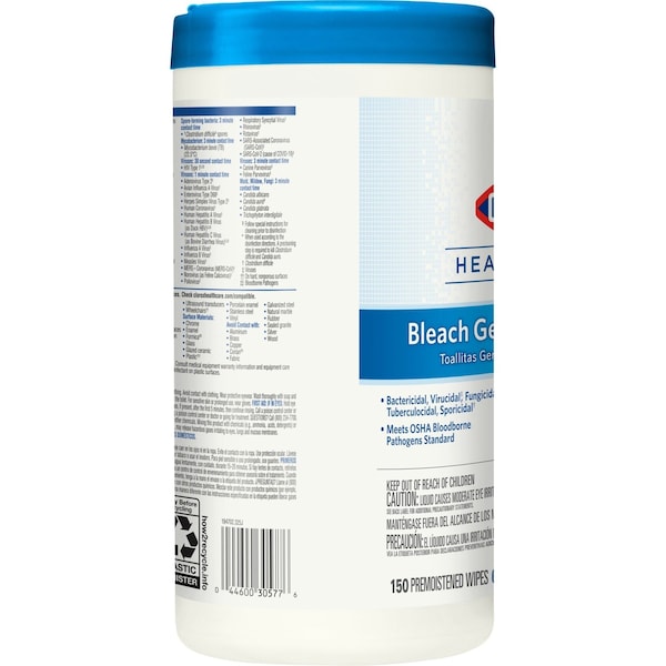 Germicidal Disinfecting Wipes, White, Canister, Hard, Non Porous Surfaces, 150 Wipes, 5 in x 6 in