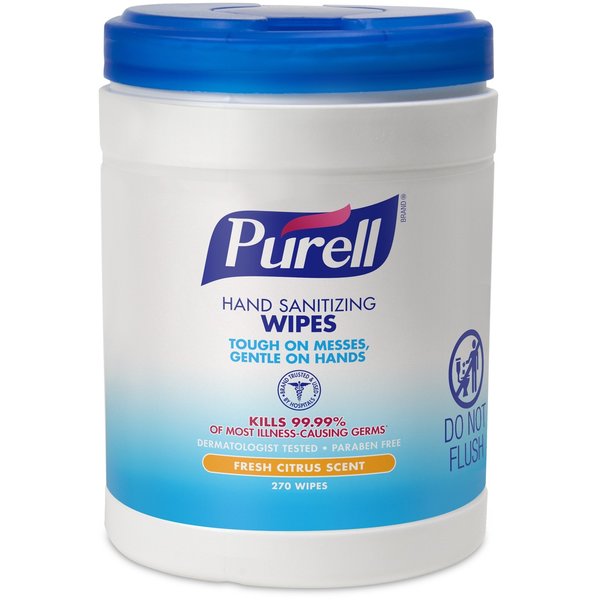 Hand Sanitizer Wipes, White, Canister, Non Linting Textured, 270 Wipes, 6 in x 6-3/4 in, Citrus