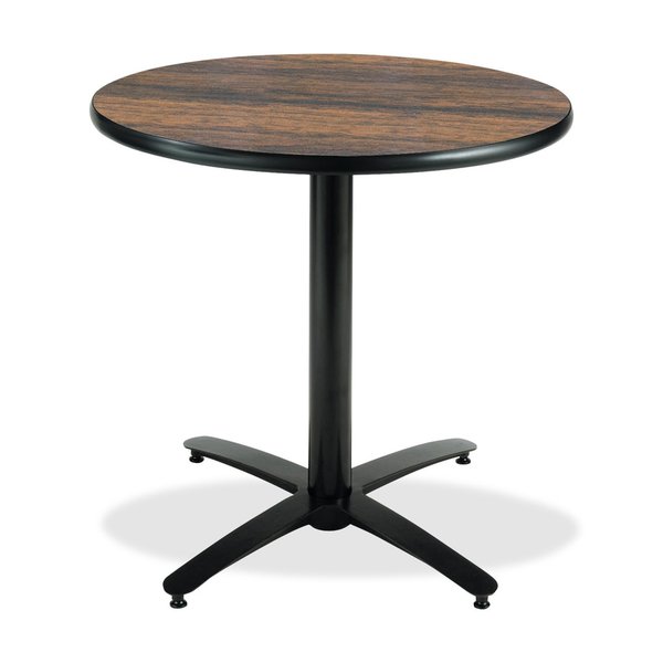 Round KFI 30in Walnut Round Breakroom Table with Arched X Base, 29 W, 30 L, 29 H