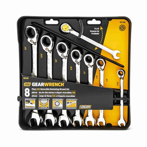 8 Pc. 12 Point Reversible Ratcheting Combination SAE Wrench Set