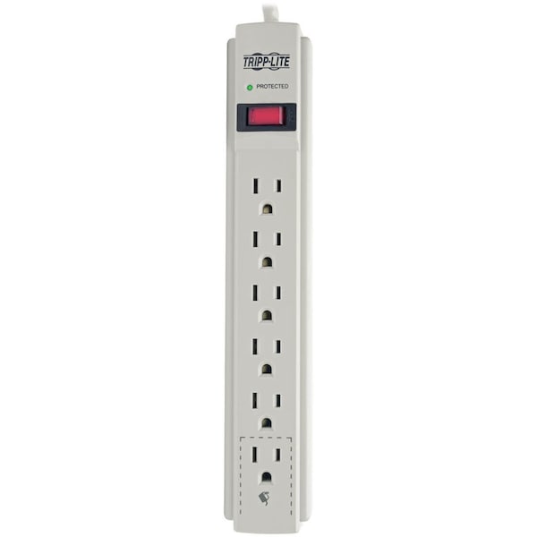 Surge Protector Strip, 6 Outlet, Gray