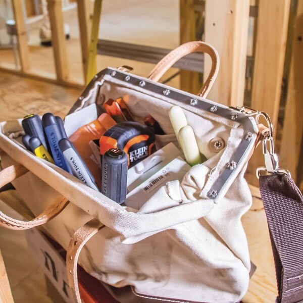 Wide-Mouth Tool Bag, Heavy Duty Canvas, 13 Pockets, Brown/Tan