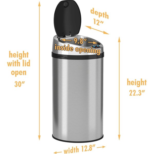8 gal Round Trash Can, Silver, Stainless Steel
