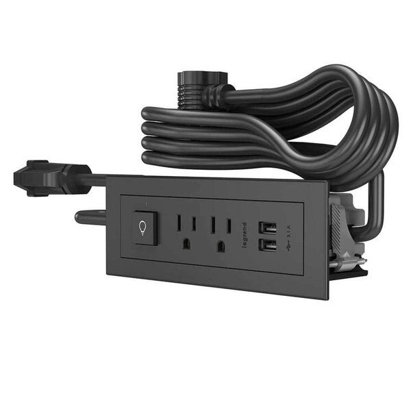 Power Unit, Black, 2 Outlet, 2 USB, 1 Switch