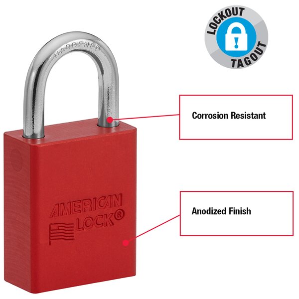 Anodized Aluminum Safety Padlock, Keyed Different, 1-1/2 in Wide with 1 in Tall Shackle, Red