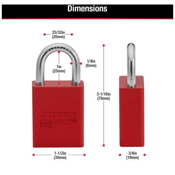 Anodized Aluminum Safety Padlock, Keyed Different, 1-1/2 in Wide with 1 in Tall Shackle, Red