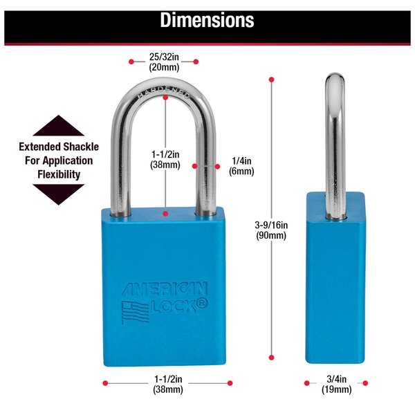 Lockout Padlock, Keyed Different, Anodized Aluminum, 1 1/2 in Shackle, Includes 2 Keys, Blue