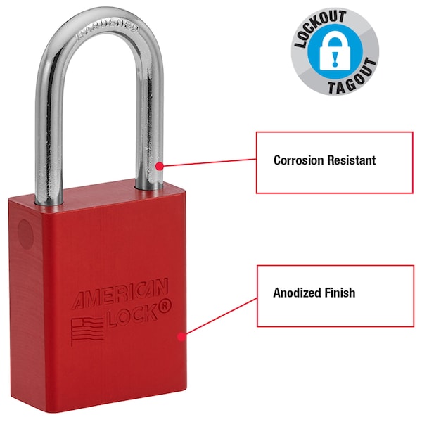 Lockout Padlock, Keyed Different, Anodized Aluminum, 1 1/2 in Shackle, Includes 2 Keys, Red