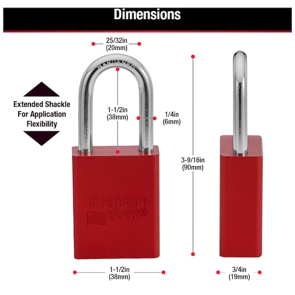 Lockout Padlock, Keyed Different, Anodized Aluminum, 1 1/2 in Shackle, Includes 2 Keys, Red