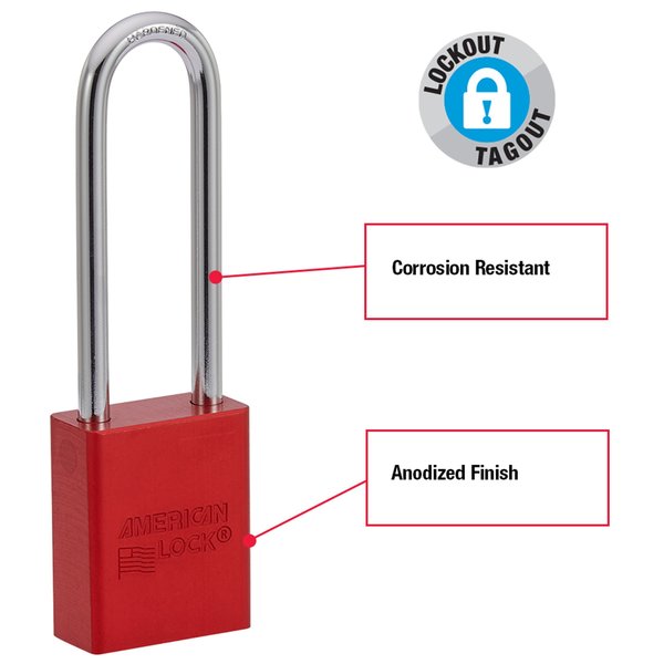 Anodized Aluminum Safety Padlock, Keyed Different, 1-1/2 in Wide with 3 in Tall Shackle, Red