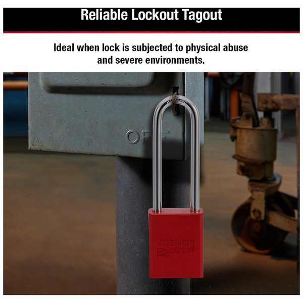 Anodized Aluminum Safety Padlock, Keyed Different, 1-1/2 in Wide with 3 in Tall Shackle, Red