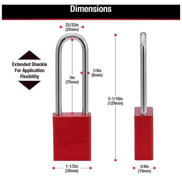 Anodized Aluminum Safety Padlock, Keyed Different, 1-1/2 in Wide with 3 in Tall Shackle, Red