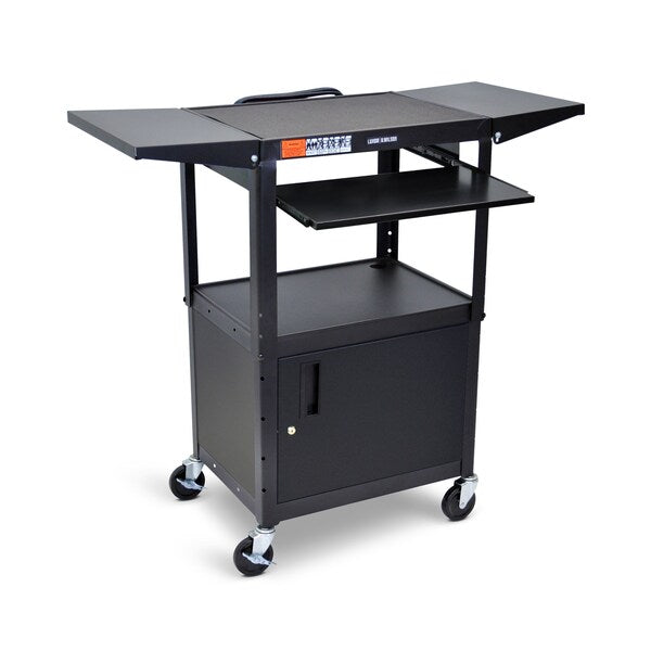 Adjust-Height Steel AV Cart, Pullout Keyboard Tray, Cabinet, Drop Leaf