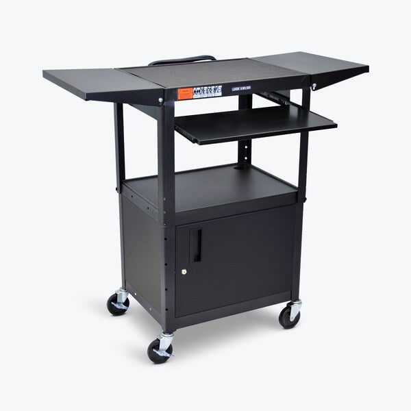 Adjust-Height Steel AV Cart, Pullout Keyboard Tray, Cabinet, Drop Leaf