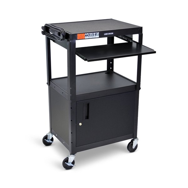 Adjustable-Height Steel AV Cart with Pullout Keyboard Tray and Cabinet