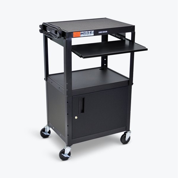 Adjustable-Height Steel AV Cart with Pullout Keyboard Tray and Cabinet