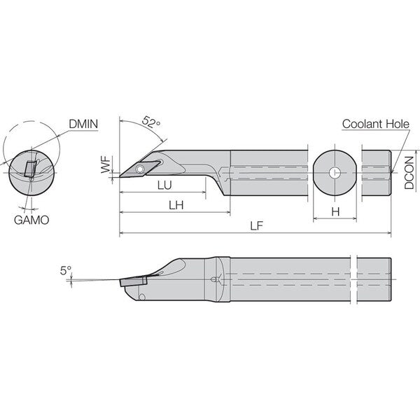 Boring Bar, Positive Rake, Right-Hand