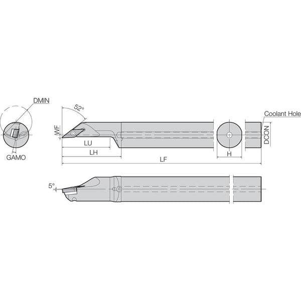 Boring Bar, Positive Rake, Right-Hand