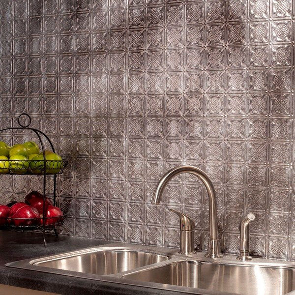 Fasade 18in x 24in Traditional 6 Crosshatch Silver Backsplash Panel 5pk