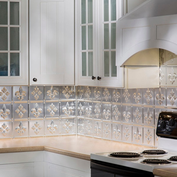 Fasade 18in x 24in Fleur-de-lis Brushed Aluminum Backsplash Panel 5pk