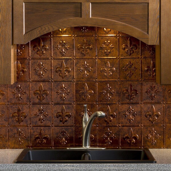 Fasade 18in x 24in Fleur-de-lis Moonstone Copper Backsplash Panel 5pk