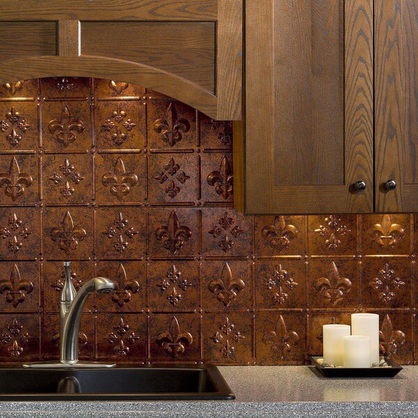 Fasade 18in x 24in Fleur-de-lis Moonstone Copper Backsplash Panel 5pk