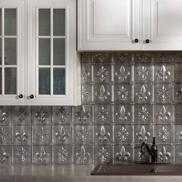 Fasade 18in x 24in Fleur-de-lis Crosshatch Silver Backsplash Panel 5pk