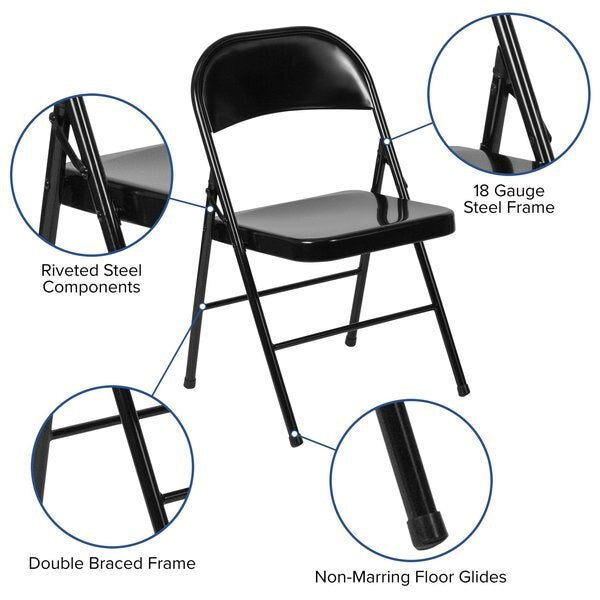 Folding Chair, Double Braced, Black Metal