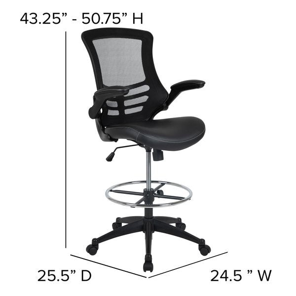Kelista Mid-Back Black Mesh Ergonomic Drafting Chair with LeatherSoft Seat, Adjustable Foot Ring and Flip-Up Arms
