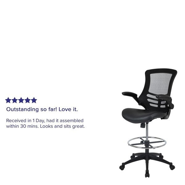 Kelista Mid-Back Black Mesh Ergonomic Drafting Chair with LeatherSoft Seat, Adjustable Foot Ring and Flip-Up Arms
