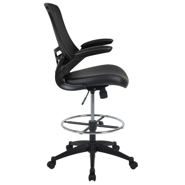 Kelista Mid-Back Black Mesh Ergonomic Drafting Chair with LeatherSoft Seat, Adjustable Foot Ring and Flip-Up Arms