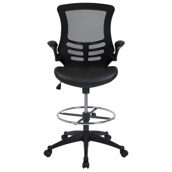 Kelista Mid-Back Black Mesh Ergonomic Drafting Chair with LeatherSoft Seat, Adjustable Foot Ring and Flip-Up Arms