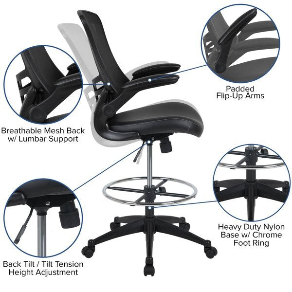 Kelista Mid-Back Black Mesh Ergonomic Drafting Chair with LeatherSoft Seat, Adjustable Foot Ring and Flip-Up Arms
