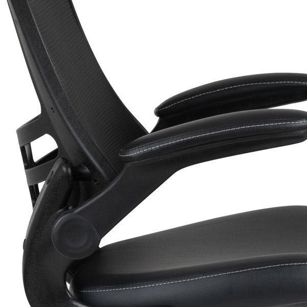 Kelista Mid-Back Black Mesh Ergonomic Drafting Chair with LeatherSoft Seat, Adjustable Foot Ring and Flip-Up Arms