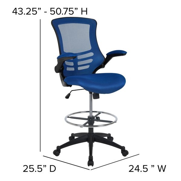 Kelista Mid-Back Blue Mesh Ergonomic Drafting Chair with Adjustable Foot Ring and Flip-Up Arms