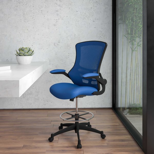 Kelista Mid-Back Blue Mesh Ergonomic Drafting Chair with Adjustable Foot Ring and Flip-Up Arms