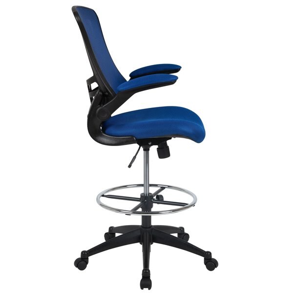 Kelista Mid-Back Blue Mesh Ergonomic Drafting Chair with Adjustable Foot Ring and Flip-Up Arms