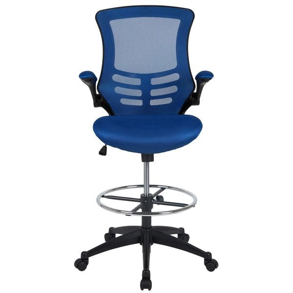 Kelista Mid-Back Blue Mesh Ergonomic Drafting Chair with Adjustable Foot Ring and Flip-Up Arms