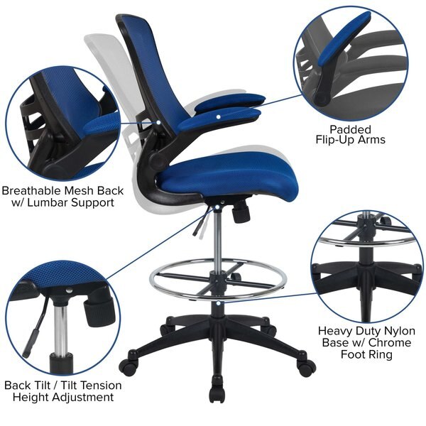 Kelista Mid-Back Blue Mesh Ergonomic Drafting Chair with Adjustable Foot Ring and Flip-Up Arms
