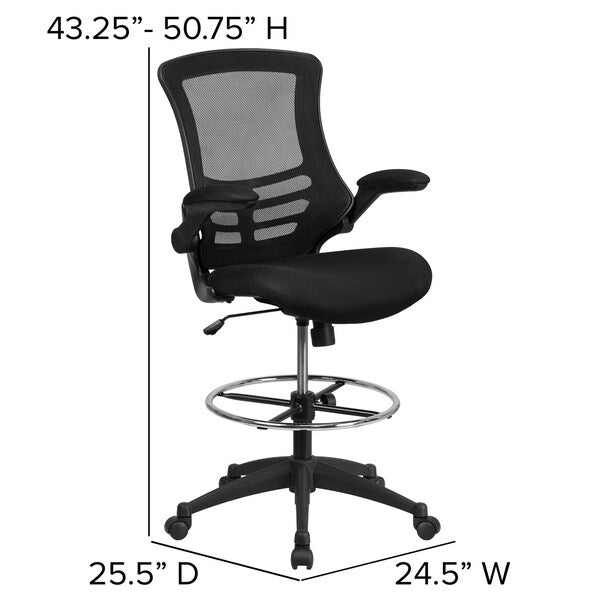 Mesh Drafting Chair, Padded Flip-up, Back, Seat, Frame: Black