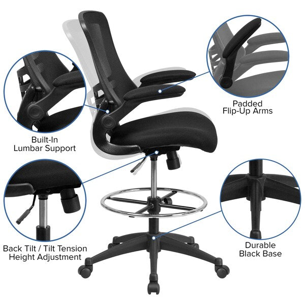 Mesh Drafting Chair, Padded Flip-up, Back, Seat, Frame: Black