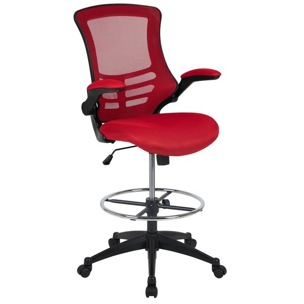Kelista Mid-Back Red Mesh Ergonomic Drafting Chair with Adjustable Foot Ring and Flip-Up Arms