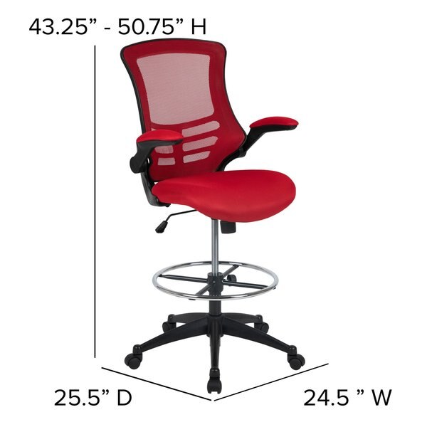 Kelista Mid-Back Red Mesh Ergonomic Drafting Chair with Adjustable Foot Ring and Flip-Up Arms