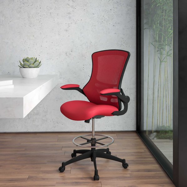 Kelista Mid-Back Red Mesh Ergonomic Drafting Chair with Adjustable Foot Ring and Flip-Up Arms